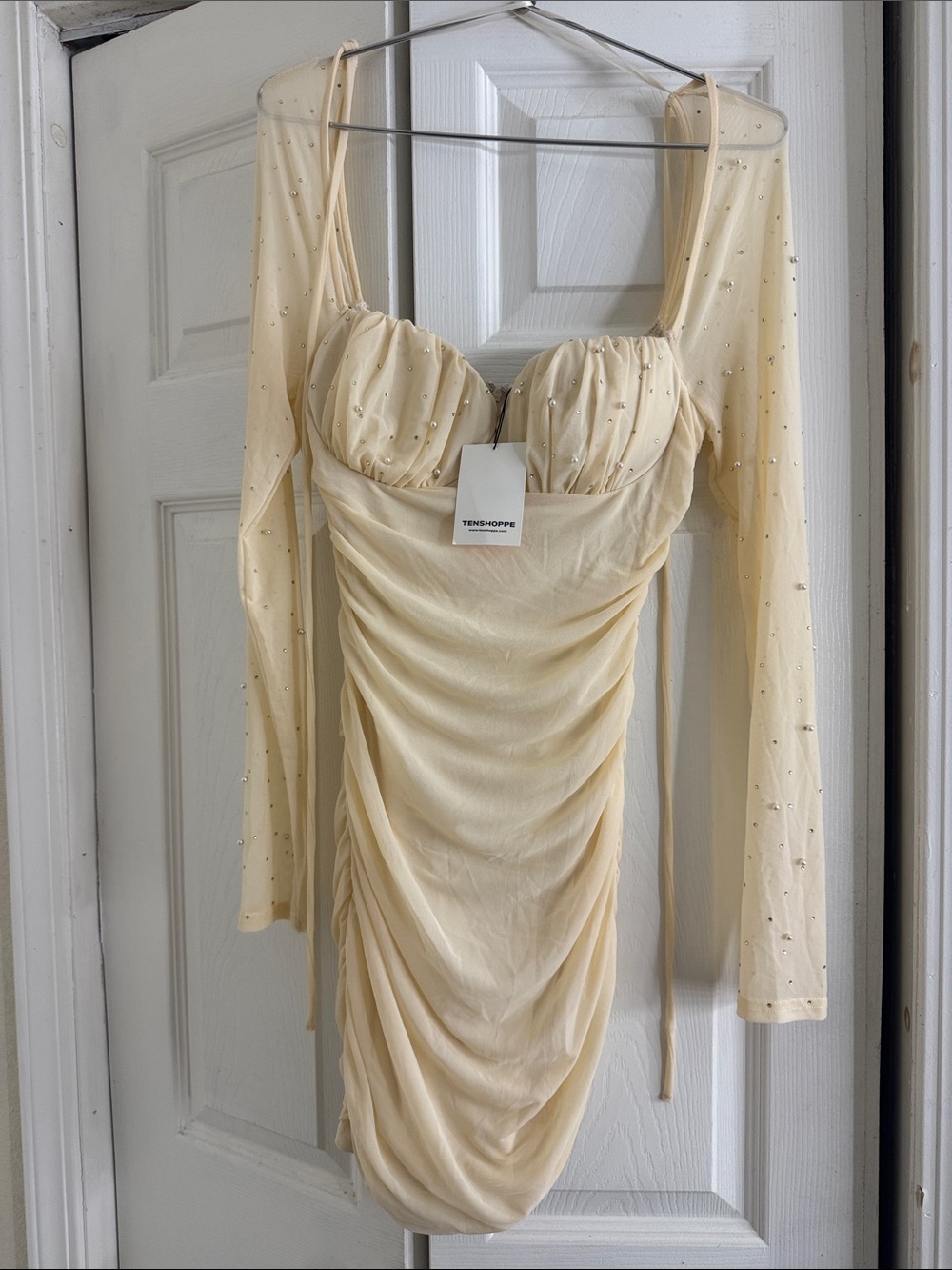 Cream Ruched Long-Sleeve Mini Dress